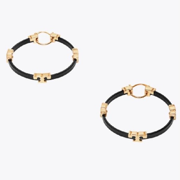 🆕 Authentic TORY BURCH Gold Black Serif T & Leather Hoop Earrings - Picture 12 of 12